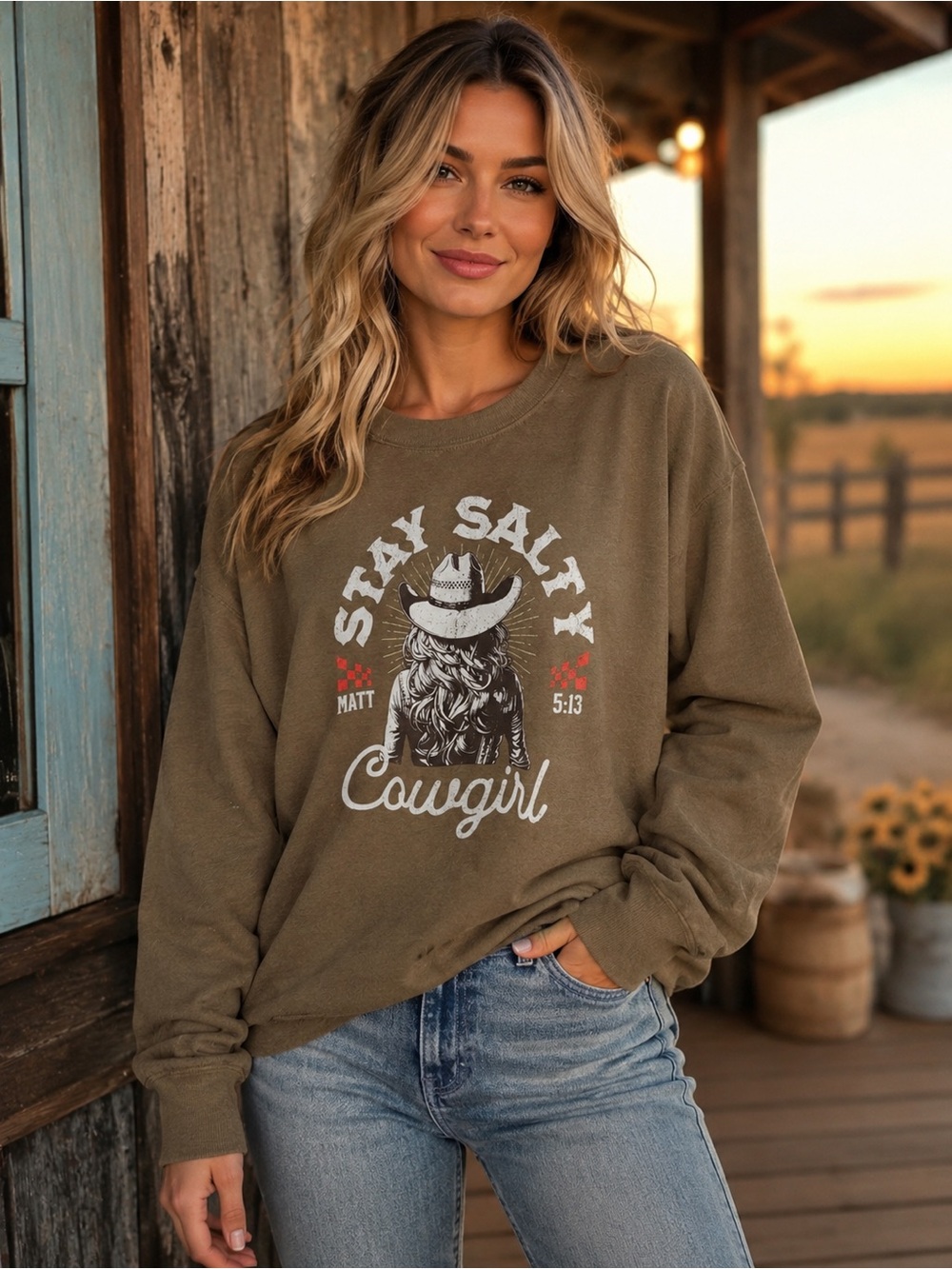 Olive 'Stay Salty Cowgirl' Graphic Sweatshirt